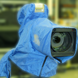 Blue fabric outside broadcast camera cover on a Sony Camera